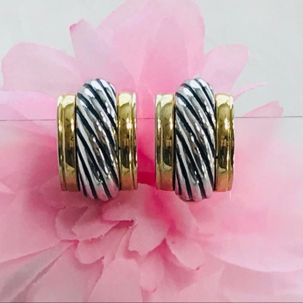 Silver Cable Gold Clip Hoop Designer Earrings 80’s Vintage Classic